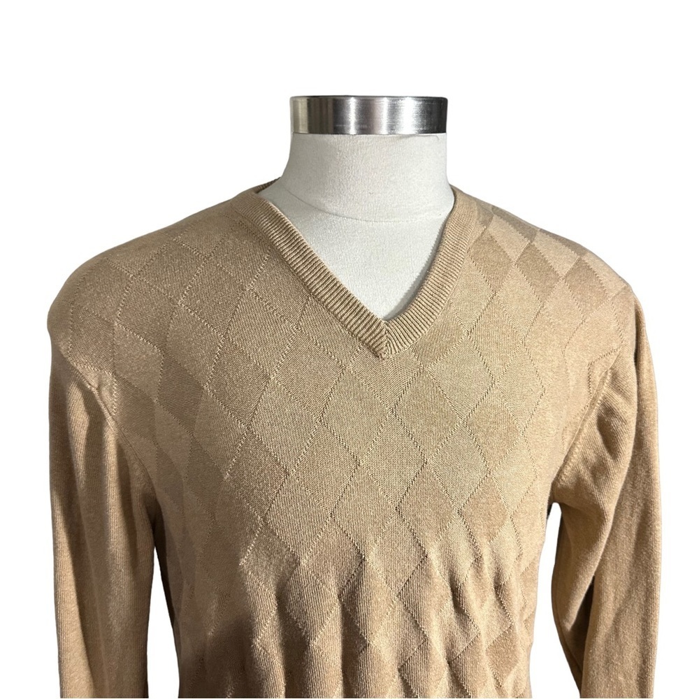 Lyle & Scott Scotland Camel Color Argyle V-Neck Sweater Sz L 100% Combed Cotton